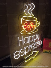 Load image into Gallery viewer, Coffee neon sign, Happy espresso neon sign, Espresso lover's neon sign, Charming coffee cup neon, Cafeteria neon wall decor, Coffee cafeneon