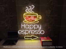 Load image into Gallery viewer, Coffee neon sign, Happy espresso neon sign, Espresso lover's neon sign, Charming coffee cup neon, Cafeteria neon wall decor, Coffee cafeneon