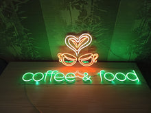 Load image into Gallery viewer, Coffee and food inscription with coffee cup neon sign, coffee lover neon sign, coffee bar neon sign, street food neon sign, custom neon sign