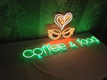 Load image into Gallery viewer, Coffee and food inscription with coffee cup neon sign, coffee lover neon sign, coffee bar neon sign, street food neon sign, custom neon sign