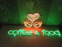 Load image into Gallery viewer, Coffee and food inscription with coffee cup neon sign, coffee lover neon sign, coffee bar neon sign, street food neon sign, custom neon sign