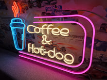 Load image into Gallery viewer, Neon sign coffee cup with inscription coffee and hot-dog, fast food neon sign, neon sign for bar decor, coffee neon sign, neon sign business