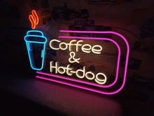 Load image into Gallery viewer, Neon sign coffee cup with inscription coffee and hot-dog, fast food neon sign, neon sign for bar decor, coffee neon sign, neon sign business
