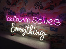 Load image into Gallery viewer, Neon sign Ice Cream Solves Everything, Neon sign with ice cream cone, Custom neon sign for ice cream shop, Colorful ice cream shop display