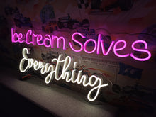 Load image into Gallery viewer, Neon sign Ice Cream Solves Everything, Neon sign with ice cream cone, Custom neon sign for ice cream shop, Colorful ice cream shop display