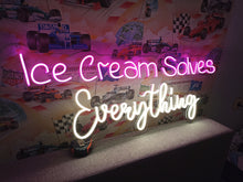Load image into Gallery viewer, Neon sign Ice Cream Solves Everything, Neon sign with ice cream cone, Custom neon sign for ice cream shop, Colorful ice cream shop display