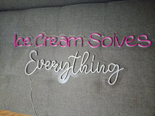 Load image into Gallery viewer, Neon sign Ice Cream Solves Everything, Neon sign with ice cream cone, Custom neon sign for ice cream shop, Colorful ice cream shop display