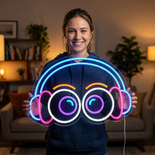 Load image into Gallery viewer, Eyes in Headphones Neon Sign, Music Eyes Neon Sign, Listening Eyes Neon Sign Multicolor