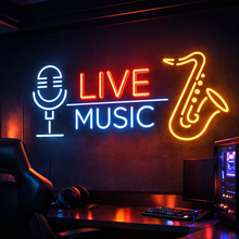 Load image into Gallery viewer, Live Music neon sign, Microphone Saxophone neon sign, Jazz Music neon sign Multicolor