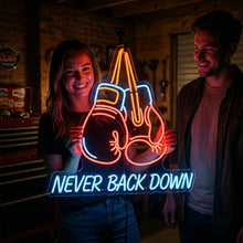 Load image into Gallery viewer, Boxing Gloves Neon Sign, Never Back Down Neon Sign, Boxing Quote Neon Sign turquoise