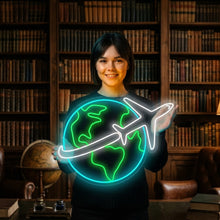 Load image into Gallery viewer, Airplane Globe Neon Sign, Pilot Travel Neon Sign, Jet Around World Neon Sign