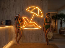 Load image into Gallery viewer, Beach Chair & Umbrella Neon – Poolside Lounge Silhouette | Resort Parasol Graphics Art