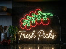 Load image into Gallery viewer, Cherry tomato neon sign Fresh Picks, tomato vine neon sign, ripe tomato neon sign