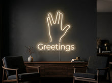 Load image into Gallery viewer, Greetings neon sign, Vulcan salute neon sign, Split finger hand neon sign