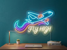 Load image into Gallery viewer, Fly High Neon Sign, Airplane Neon Sign, Aviation Quote Neon Sign