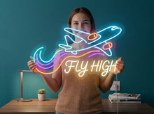 Load image into Gallery viewer, Fly High Neon Sign, Airplane Neon Sign, Aviation Quote Neon Sign