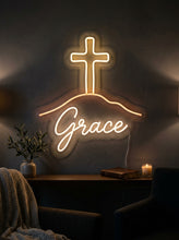 Load image into Gallery viewer, Grace cross neon sign, Mountain cross neon sign, Christian faith neon sign