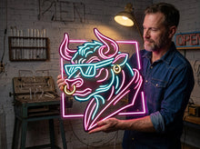 Load image into Gallery viewer, Bull In Sunglasses Neon Sign – Cool Western Ranch Silhouette Glow Accent Display