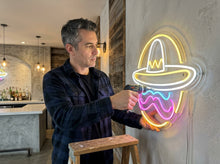 Load image into Gallery viewer, Sombrero Mustache neon sign, Mexican Hat neon sign, Taco Cantina neon sign