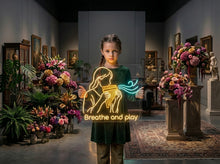 Load image into Gallery viewer, Breathe and play neon sign, Girl pan flute neon sign, Pan flute player neon sign