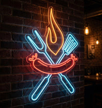 Load image into Gallery viewer, Sausage on a Fork Neon Sign, BBQ Grill Neon Sign, Grilling Tools Neon Sign