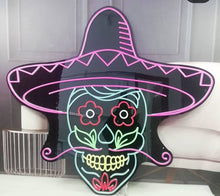 Load image into Gallery viewer, Mexican Skull Neon Sign, Skeleton Neon sign in sambrero, Skull and Crossbones Neon sign, Pirate Skull Neon sign, Death's Head Neon sign