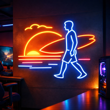 Load image into Gallery viewer, Surfer carrying surfboard neon sign, sunset beach surf neon sign Multicolor