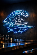 Load image into Gallery viewer, Surfer over shark neon sign, surfing wave neon sign