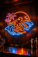 Load image into Gallery viewer, Surfer palm tree neon sign, tropical sun surfing neon sign Multicolor
