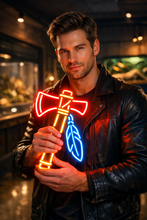 Load image into Gallery viewer, Tomahawk with feather neon sign, Tribal axe neon sign, Feathered axe neon sign Multicolor