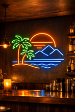 Load image into Gallery viewer, Tropical sun palm mountain neon sign, Coastal ocean sunset neon sign Multicolor