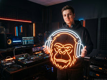 Load image into Gallery viewer, Gorilla headphones neon sign, DJ gorilla neon sign, Silverback audio neon sign 20in warm white