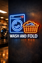 Load image into Gallery viewer, Wash and fold neon sign, Laundry service neon sign, Washer basket neon sign