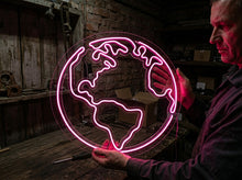 Load image into Gallery viewer, Planet Earth Neon sign – Global Sphere Map Silhouette | Detailed World Continent Outline sign Pink