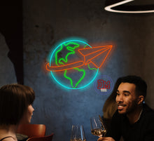 Load image into Gallery viewer, Adventure neon sign, planet earth neon sign, airplane neon sign