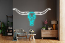 Load image into Gallery viewer, Bull scull neon sign, longhorn scull neon sign, bull scull neon light, Cow scull neon sign, Neon bull scull head sign, Western-themed neon sign, texas neon sign