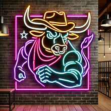 Load image into Gallery viewer, Bull head in cowboy hat neon sign, longhorn bull neon sign, cow head neon sign, chikago neon sign