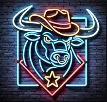 Load image into Gallery viewer, Bull head in cowboy hat neon sign, longhorn bull neon sign, cow head neon sign, chikago neon sign