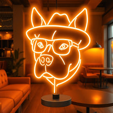 Load image into Gallery viewer, Bulldog Head Hat Glasses Neon Sign, Dapper dog neon sign, Hipster dog neon sign
