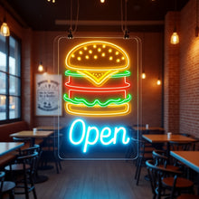 Load image into Gallery viewer, Burger Neon sign with inscription open, open hamburger Neon Sign, Fast Food neon Sign, Kitchen Wall Decor, bar neon sign