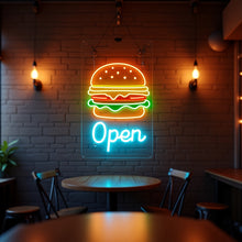 Load image into Gallery viewer, Burger Neon sign with inscription open, open hamburger Neon Sign, Fast Food neon Sign, Kitchen Wall Decor, bar neon sign