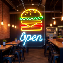 Load image into Gallery viewer, Burger Neon sign with inscription open, open hamburger Neon Sign, Fast Food neon Sign, Kitchen Wall Decor, bar neon sign