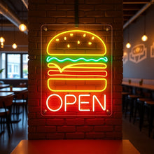 Load image into Gallery viewer, Burger Neon sign with inscription open, open hamburger Neon Sign, Fast Food neon Sign, Kitchen Wall Decor, bar neon sign