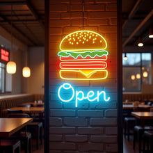 Load image into Gallery viewer, Burger Neon sign with inscription open, open hamburger Neon Sign, Fast Food neon Sign, Kitchen Wall Decor, bar neon sign