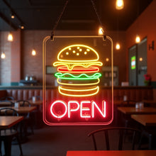 Load image into Gallery viewer, Burger Neon sign with inscription open, open hamburger Neon Sign, Fast Food neon Sign, Kitchen Wall Decor, bar neon sign