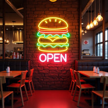 Load image into Gallery viewer, Burger Neon sign with inscription open, open hamburger Neon Sign, Fast Food neon Sign, Kitchen Wall Decor, bar neon sign