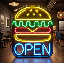 Load image into Gallery viewer, Burger Neon sign with inscription open, open hamburger Neon Sign, Fast Food neon Sign, Kitchen Wall Decor, bar neon sign