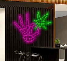 Load image into Gallery viewer, Skeleton arm with cannabis neon sign, Skellihand with cannabis Neon Sign