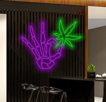 Load image into Gallery viewer, Skeleton arm with cannabis neon sign, Skellihand with cannabis Neon Sign