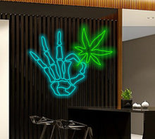 Load image into Gallery viewer, Skeleton arm with cannabis neon sign, Skellihand with cannabis Neon Sign